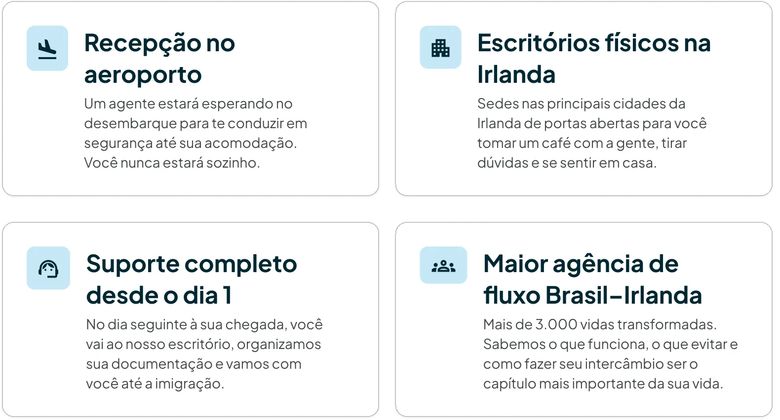 Recepção no aeroporto, escritórios físicos na Irlanda, suporte completo desde o dia 1 e maior agência de fluxo Brasil-Irlanda